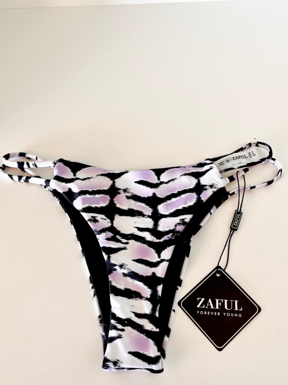 NWT Zaful Tiger Print Bikini Bottom Double Strap White Lavender Black S Beach